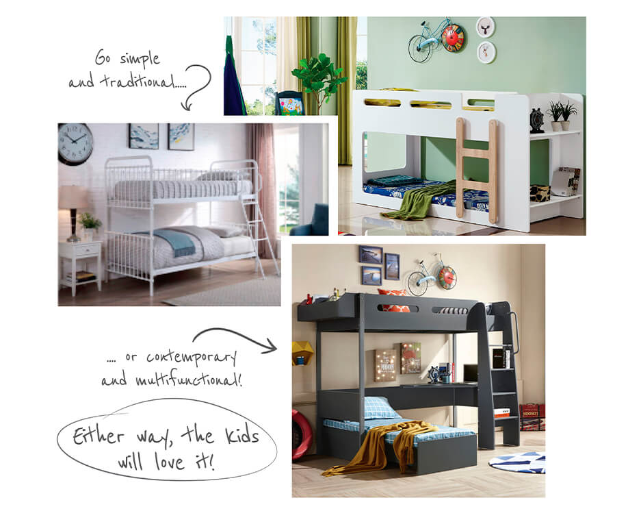 Three examples of bunkbeds in kids rooms, one is a more traditional white bedroom with white steel bunkbed and the other two is more contemporary and multifunctional bunkbeds in colourful rooms